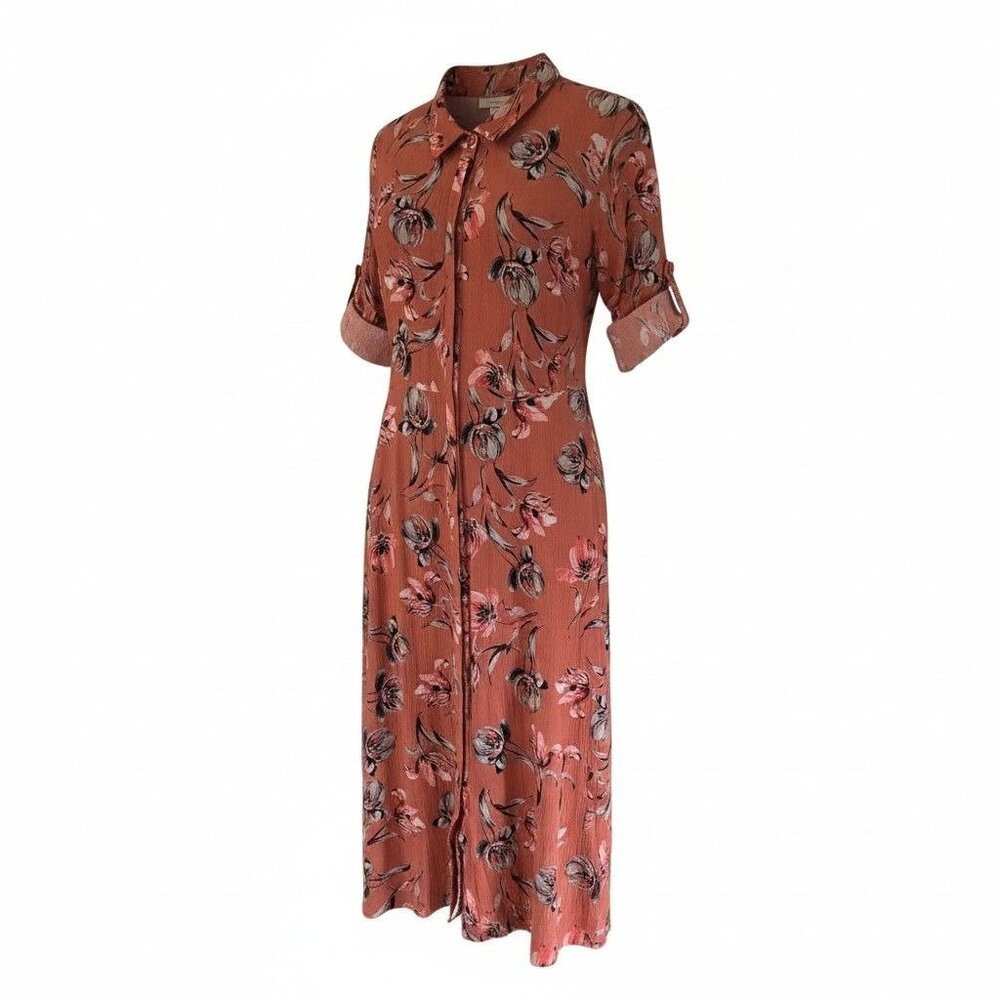 Woman Within Dark Peach Floral Print Dress 22W Roll Tab Sleeves Button Front - Picture 3 of 14